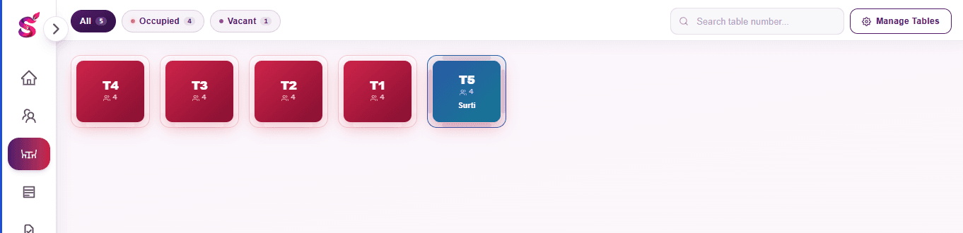 The floor plan: five tables, four occupied and one vacant, with a search box and a Manage Tables button.